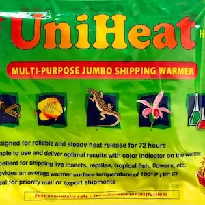 May include: A green package labeled "UniHeat" with red and yellow text, designed for shipping. It features illustrations of a grasshopper, fish, lizard, flower, and lab equipment. The package promises 72+ hours of warmth and a temperature of 100°F (38°C).