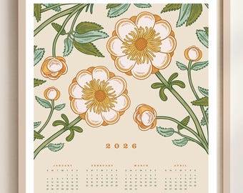 PRINTABLE Calendar, 2026 Printable Wall Calendar, Botanical Printable Calendar Poster, 18x24 Printable Calendar, Full Year Wall Calendar