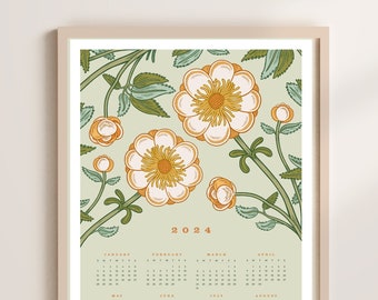 PRINTABLE Calendar, 2024 Printable Wall Calendar, Botanical Printable Calendar Poster, 18x24 Printable Calendar, Full Year Wall Calendar