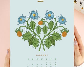 2026 Botanical Wall Calendar - 8.5x11" Hand-Drawn Floral Design with Gold Metal Clip, Unframed, Gift for Nature & Art Lovers