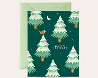 Happy Holidays Card, Holiday Card, Winter Scene Holiday Card, Modern Holiday Card,, Pine Tree Holiday Card, Whimsical Holiday Card, A2 Card