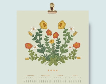 2024 Wall Calendar, Full Year Wall Calendar, Botanical Calendar, Calendar Art Print, Floral Calendar, 12x18 Calendar, Watercolor Calendar