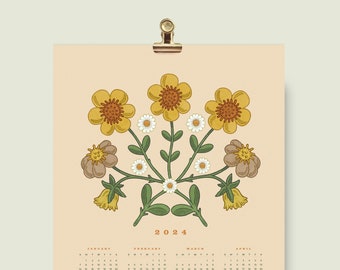 2024 Wall Calendar, Botanical Calendar, Full Year Wall Calendar, Calendar Poster, Floral Calendar, 12x18 Calendar, Wall Art, Office Decor