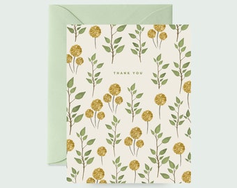 Thank You Card, Leaves Thank You Card, Nature Card, Billy Buttons Card, Botanical Card, Watercolor Thank You Card, Forest Thank You Card