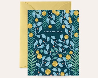 Birthday Card, Greeting Card, Botanical Birthday Card, Watercolor Birthday Card, Leaves Card, Greeting Card, Billy Buttons Birthday Card