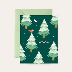 Happy Holidays Card, Holiday Card, Winter Scene Holiday Card, Modern Holiday Card,, Pine Tree Holiday Card, Whimsical Holiday Card, A2 Card