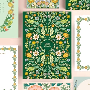 Colorful and happy botanical illustrated planner cover with green and yellow folk flowers
