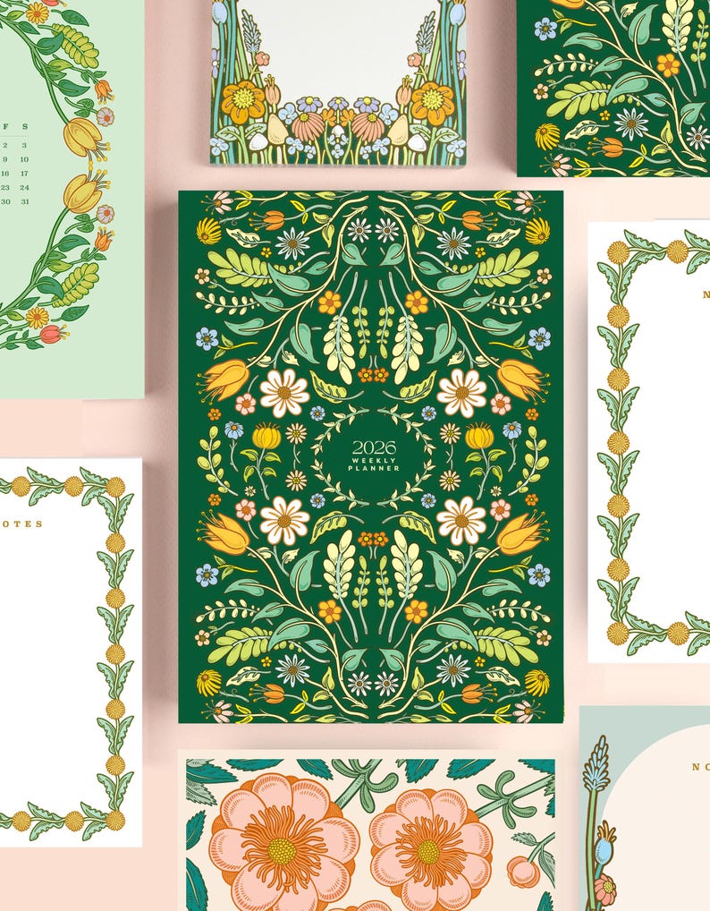 Colorful and happy botanical illustrated planner cover with green and yellow folk flowers