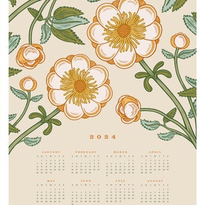 Printable full year calendar poster with botanical illustration