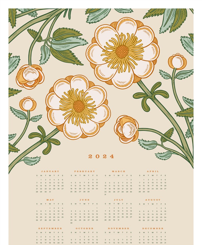Printable full year calendar poster with botanical illustration