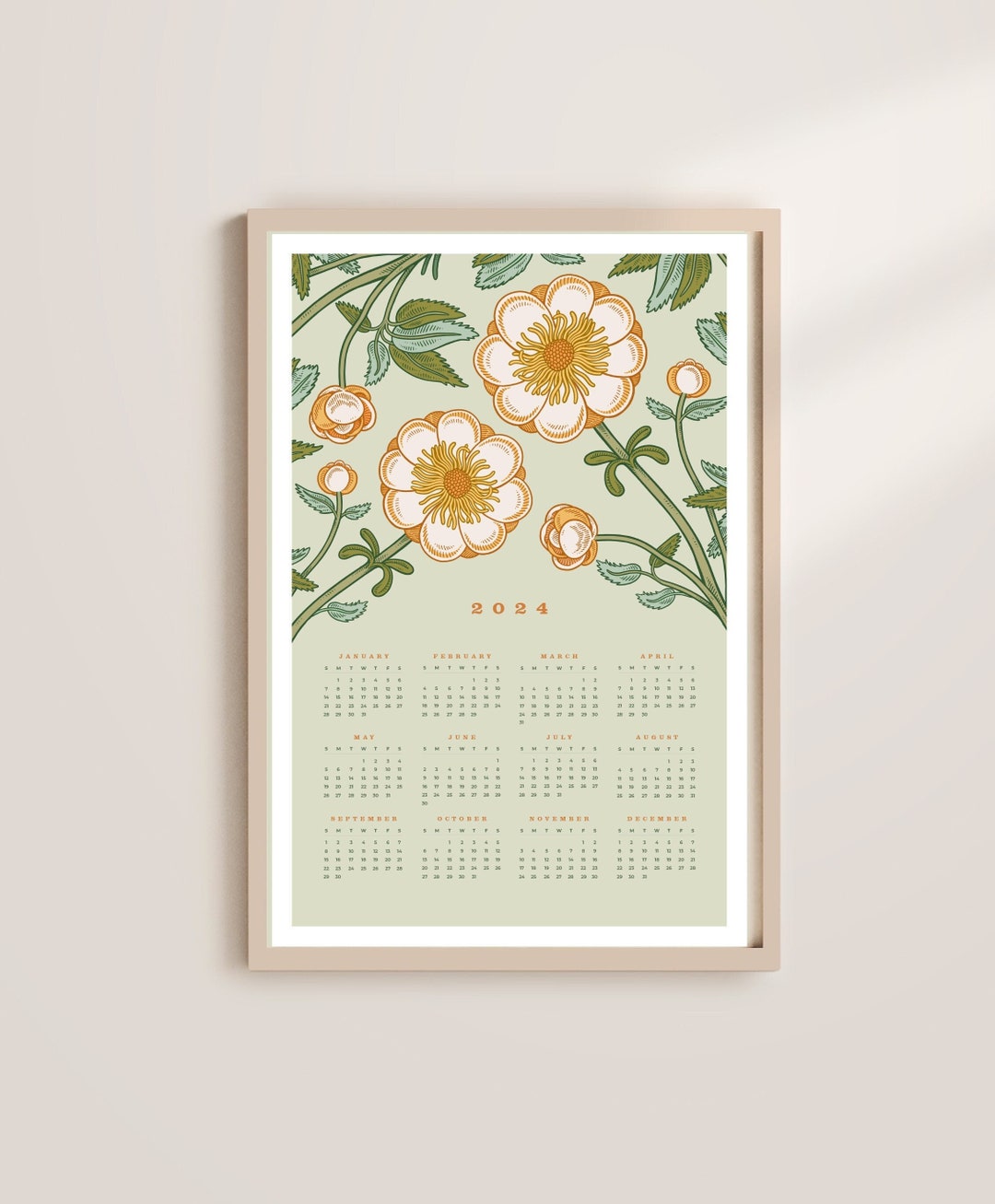 PRINTABLE Calendar, 2024 Printable Wall Calendar, Botanical Printable ...