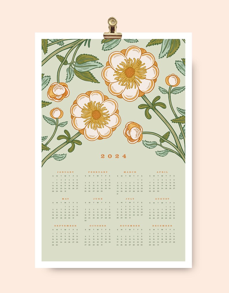 2024 Wall Calendar, Full Year Wall Calendar, Calendar Poster, 12x18 Calendar, Botanical Calendar, Earthy Wall Calendar, 2024 Calendar Print image 1