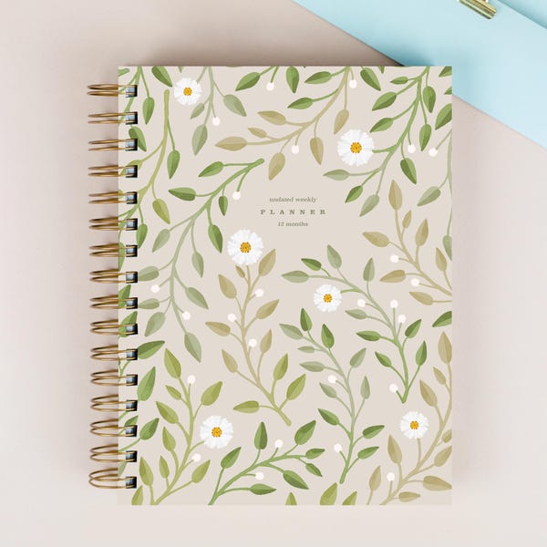 Hardcover Planner, UNDATED Planner, Yearly Planner, Spiral Bound Planner, Daisy Watercolor Flowers Planner, Weekly Planner, Floral Planner