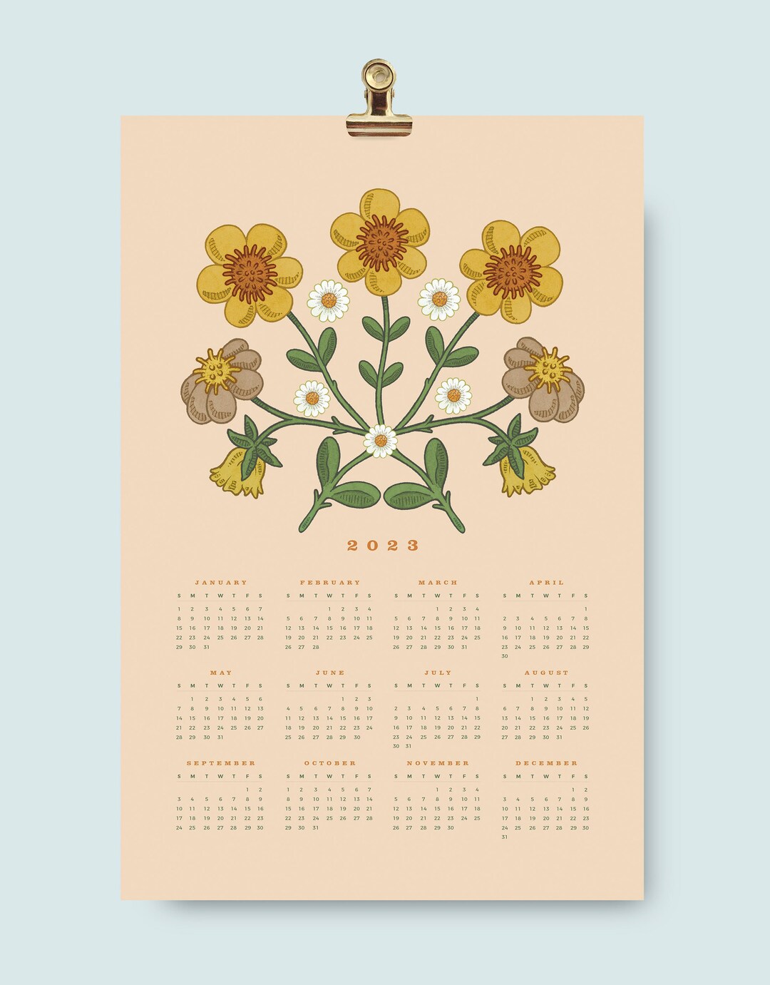 2023-wall-calendar-botanical-calendar-full-year-wall-etsy