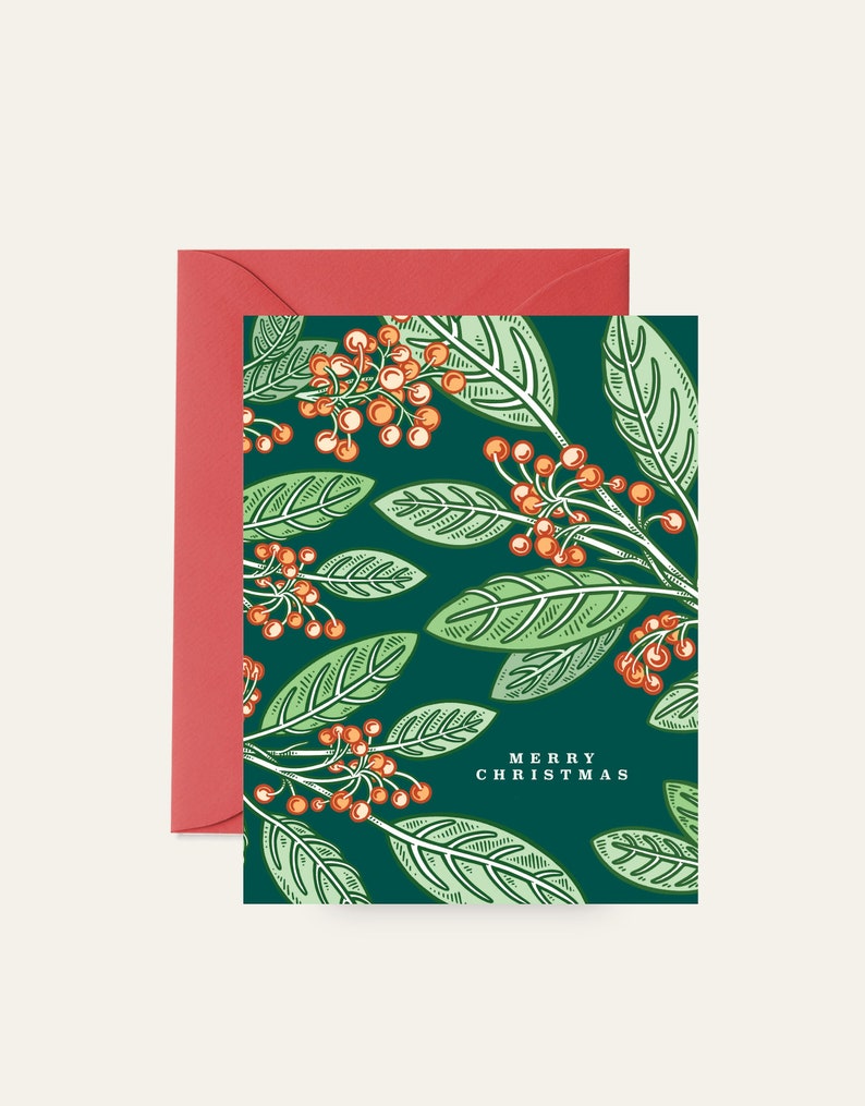 Merry Christmas greeting card in green and red