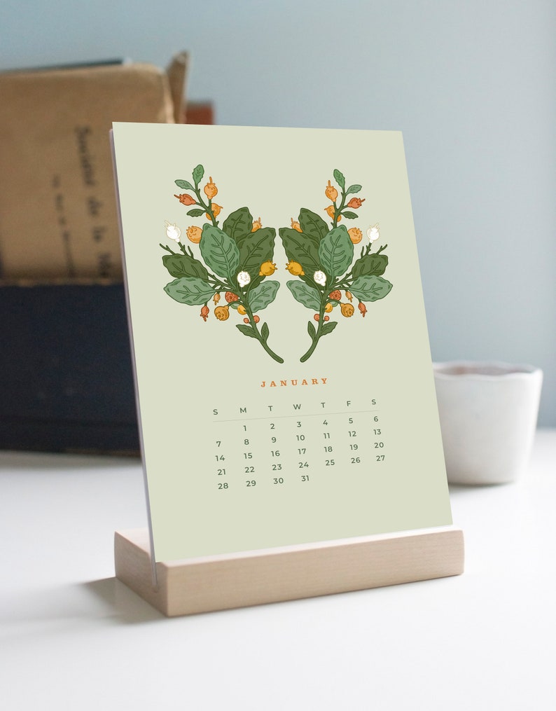 2024 Desk Calendar, 2024 Calendar, Botanical Calendar, Christmas Gift, Desk Calendar with Stand, Christmas Gift, Office Gift, 5x7 Calendar image 2