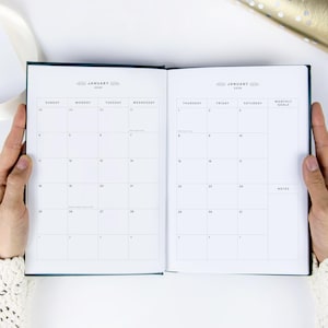 Monthly views planner spread for tracking down appointments and tasks. Includes monthly goals and notes section on the right hand side.