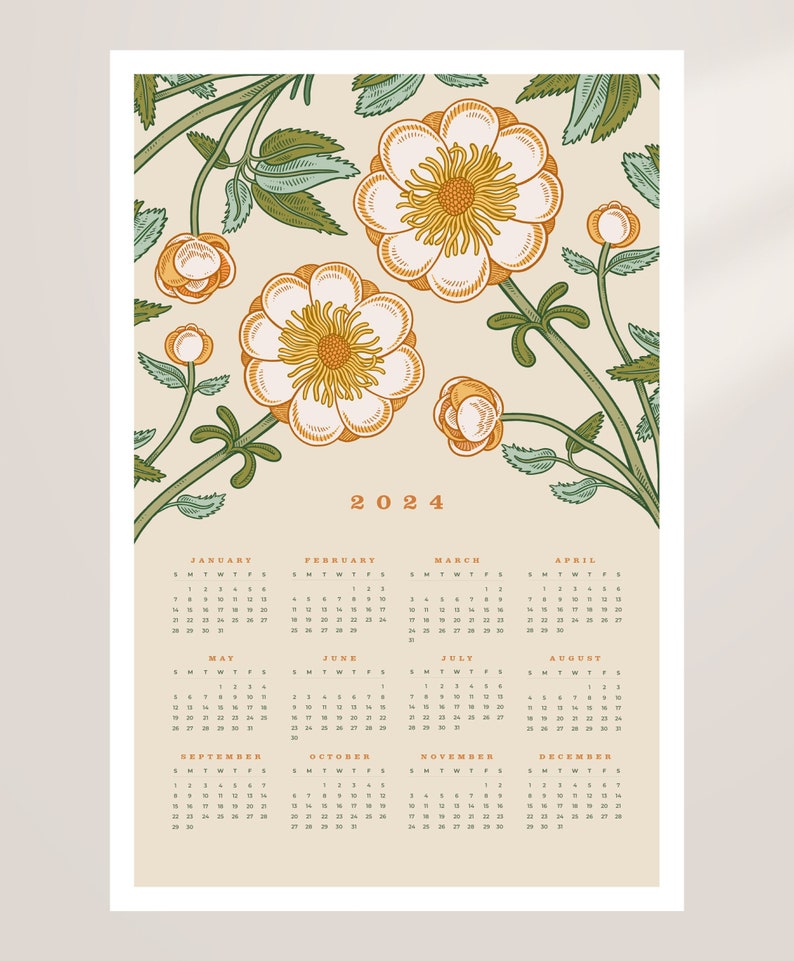 Printable calendar for 2024 with earthy and neutral flowers 18x24