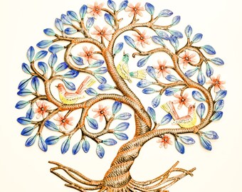 May include: A metal wall art sculpture of a tree with blue leaves, pink flowers, and three yellow birds. The tree has a twisted trunk and a thick root system.