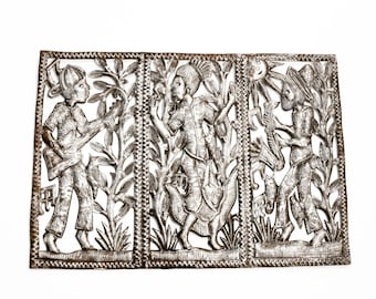 May include: A metal wall art piece with three panels depicting stylised figures in a garden setting. The figures are cut out of the metal and have a rustic, aged look.