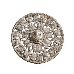 Here Comes the Sun. Recycled Metal Art. Handmade in Haiti. Metal Sun decor. Fair Trade. Outdoor Decor. Patio Decor.