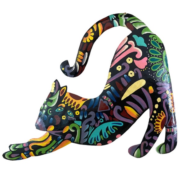 Metal Wall Art. Vivid Cat Stretching, Small. Made in Haiti from Recycled Metal Drums. Housewarming Gifts. Home, Patio, and Garden Decor.