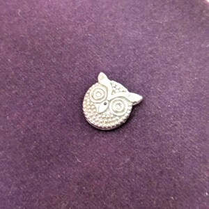 以下が含まれることがあります： 大きな渦巻き模様の目と質感のある体を持つ、小さな銀色のフクロウ型のボタン。ボタンは濃い紫色の背景に配置されています。
