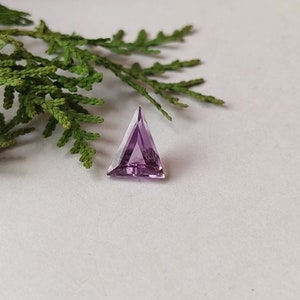 Pode incluir: Uma gema de ametista triangular facetada. A gema é de cor roxa clara e tem bordas nítidas e definidas. A folhagem verde está no fundo, e a gema está sobre uma superfície branca. A pedra preciosa é um belo exemplo de uma pedra cortada e polida.