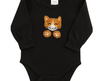 Embroidered Kitty Black Long Sleeve Bodysuit: Boutique Cotton