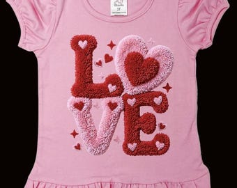 Pink Ruffle Toddler Tee – Faux Chenille LOVE Hearts Shirt