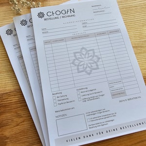 May include: A white order form with the text "CHOGAN BESTELLUNG / RECHNUNG" at the top. The form includes sections for customer information, product details, payment options, and delivery preferences. The form also includes the text "VIELEN DANK F&Uuml;R DEINE BESTELLUNG!" at the bottom.