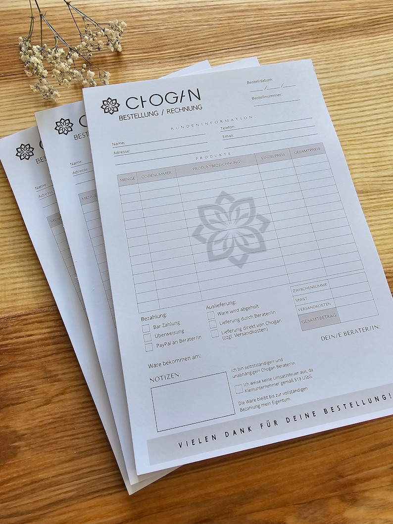 May include: A white order form with the text "CHOGAN BESTELLUNG / RECHNUNG" at the top. The form includes sections for customer information, product details, payment options, and delivery preferences. The form also includes the text "VIELEN DANK F&Uuml;R DEINE BESTELLUNG!" at the bottom.