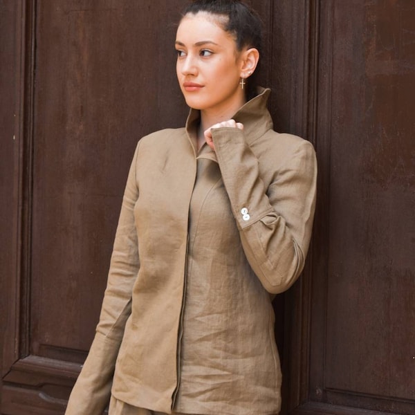 Hoher Kragen Khaki Leinen Bluse mit Glockenärmeln, Sommer Damen Shirt Top, Leinen Bekleidung Bluse, Fit und Flare Shirt Jacke, japanische Mode