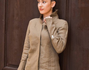 Khaki Heavy Linen Shirt – High Neck Fall Blouse Kimono Inspired Bell Sleeve Top with Big Cuffs Minimalist Stand Collar Linen Overshirt