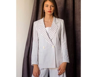 Linen Suit Blazer with Vertical Stripes, Linen Jacket Women, Linen White Jacket, Linen Suit Women, Linen Clothing Women, Linen Minimal
