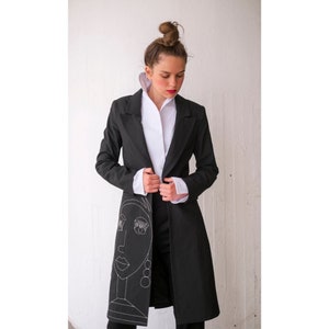 Long Hand-Embroidered Blazer Coat, Avantgarde Futuristic Clothing, Elegant Suit Jacket, Steampunk Trench Coat, Maxi Notch Collar Jacket