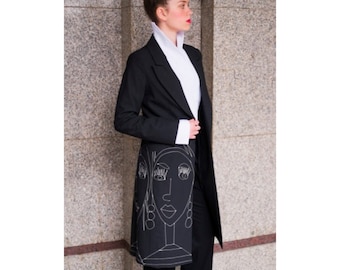 Women's Jacket with Embroidery, Futuristic Clothing, Black Long Blazer, Avantgarde Clothing, Elegant  Blazer, Embroidered Coat, Women's Suit