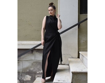 Maxi Linen Wrap-around Dress Kimono Style Full Length Black Summer Dress Japanese Style High Neck Split Linen Dress Wedding Guest Outfit