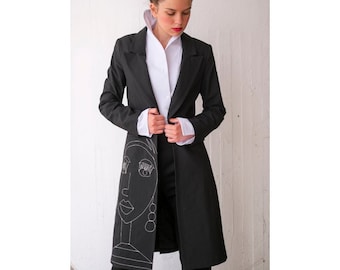 Long Hand-Embroidered Blazer Coat, Avantgarde Futuristic Clothing, Elegant Suit Jacket, Steampunk Trench Coat, Maxi Notch Collar Jacket