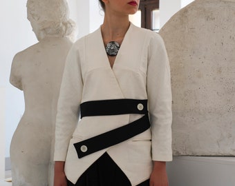 Heavy White Linen Collarless Jacket Kimono Style Linen Blazer with Batwing Sleeves & Black Belt Linen Jacket Fitted Designer Made Jacket