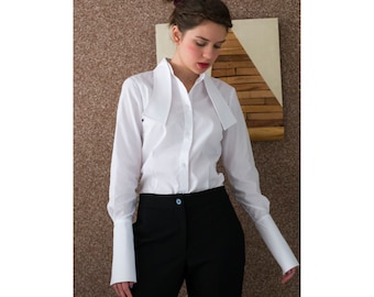 Chemise chic blanc pur avec col cravate, chemisier en coton à manches lanternes, haut de chemise habillé élégant, chemisier extravagant de créateur sur mesure