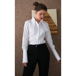 Pure White Classy Shirt with Tie Collar, Lantern Sleeves Cotton Blouse, Elegant Formal Shirt Top, Tailored Made Designer Extravagant Blouse
