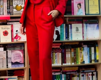 High Waist Red Trouser Pants, Tapered Suit Pants, Elegant Vintage Inspired Pants, Formal Office Pants, Extravagant Summer Cocktail Pants