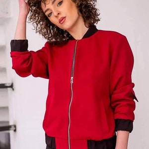 90&#39;s Women Streetwear Jacket, Zip Jacket for Women, Red Bomber Jacket, 90&#39;s Style, Women Bomber Jacket, Women Sport Jacket, Spring Overcoat