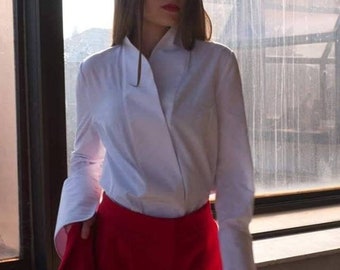Camisa blanca de algodón con cuello alto – Blusa estilo kimono Vanguardista de algodón con botones, elegante, para oficina, formal, estilo clásico y minimalista.