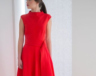 Timeless and Minimal Bright Red Dress, Bias Cut Midi Length Dress, High Neckline Elegant Strict Cocktail Dress, Wide Long Belt Crepe Dress