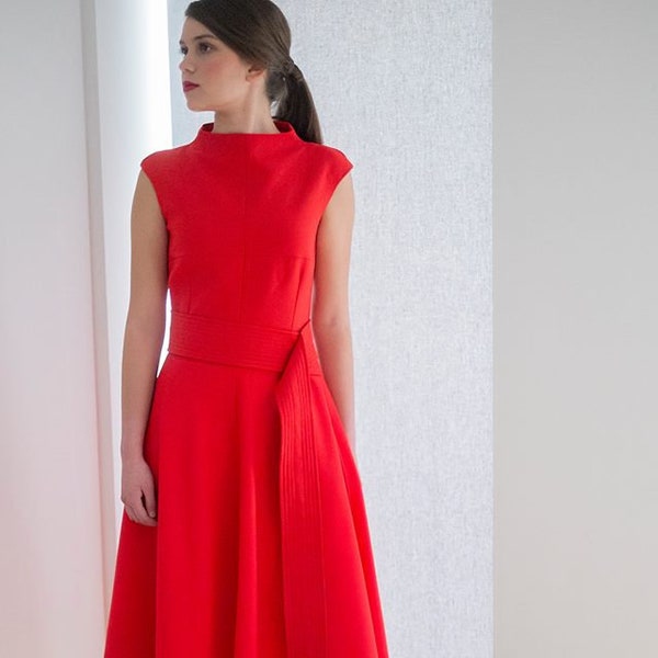 Timeless and Minimal Bright Red Dress, Bias Cut Midi Length Dress, High Neckline Elegant Strict Cocktail Dress, Wide Long Belt Crepe Dress