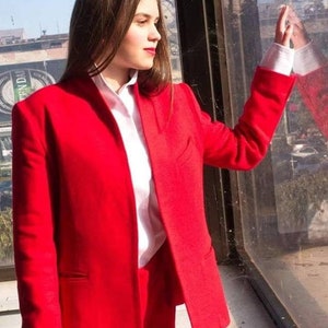 Red Wool Blazer, Oversized Wool Jacket, Minimalist Clothing, Red Suit Jacket, Women's Blazer, Elegant Women's Jacket, Avantgarde Clothing image 2