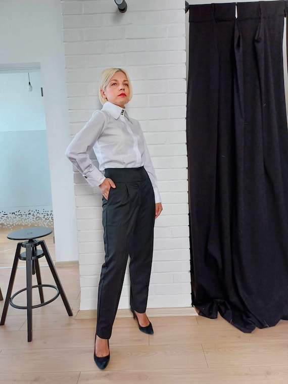 High Waisted Tapered Trousers, Black Dressy Tuxedo Pants for