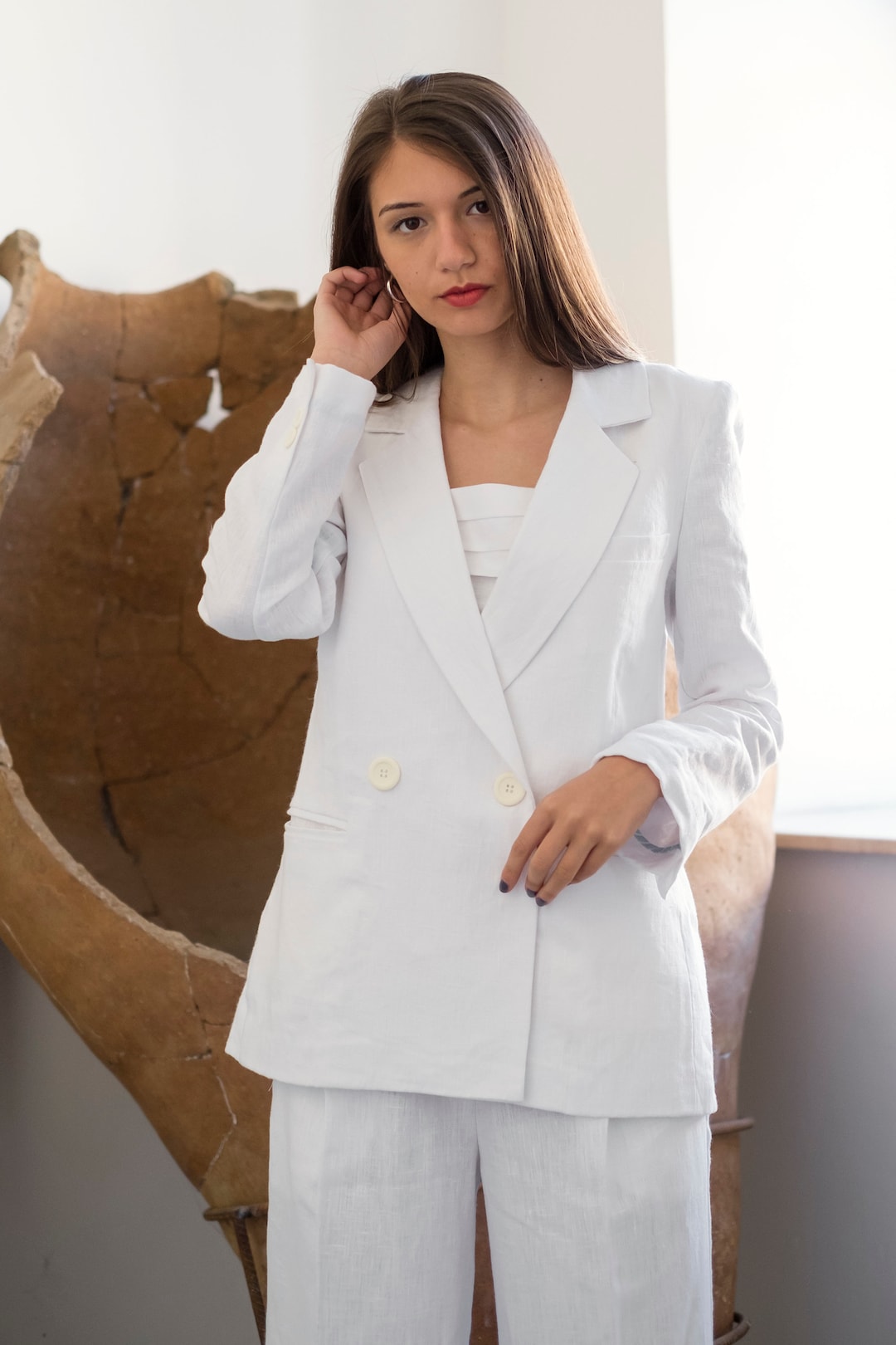 Blazer blanc en lin, Veste en lin femme, Tailleur en lin femme